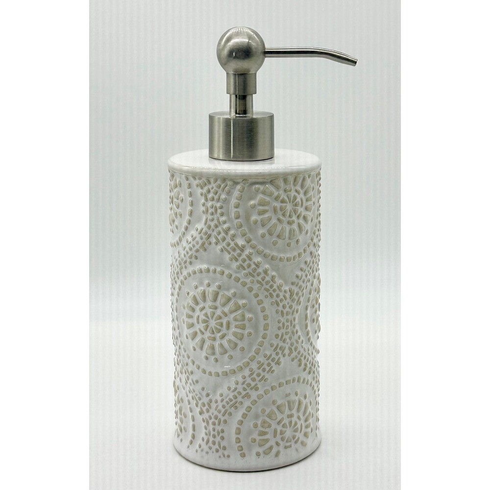 Caro White Embossed Texture 3D Ceramic Bathroom Soap Lotion Dispenser Bottle - Picture 3 of 5